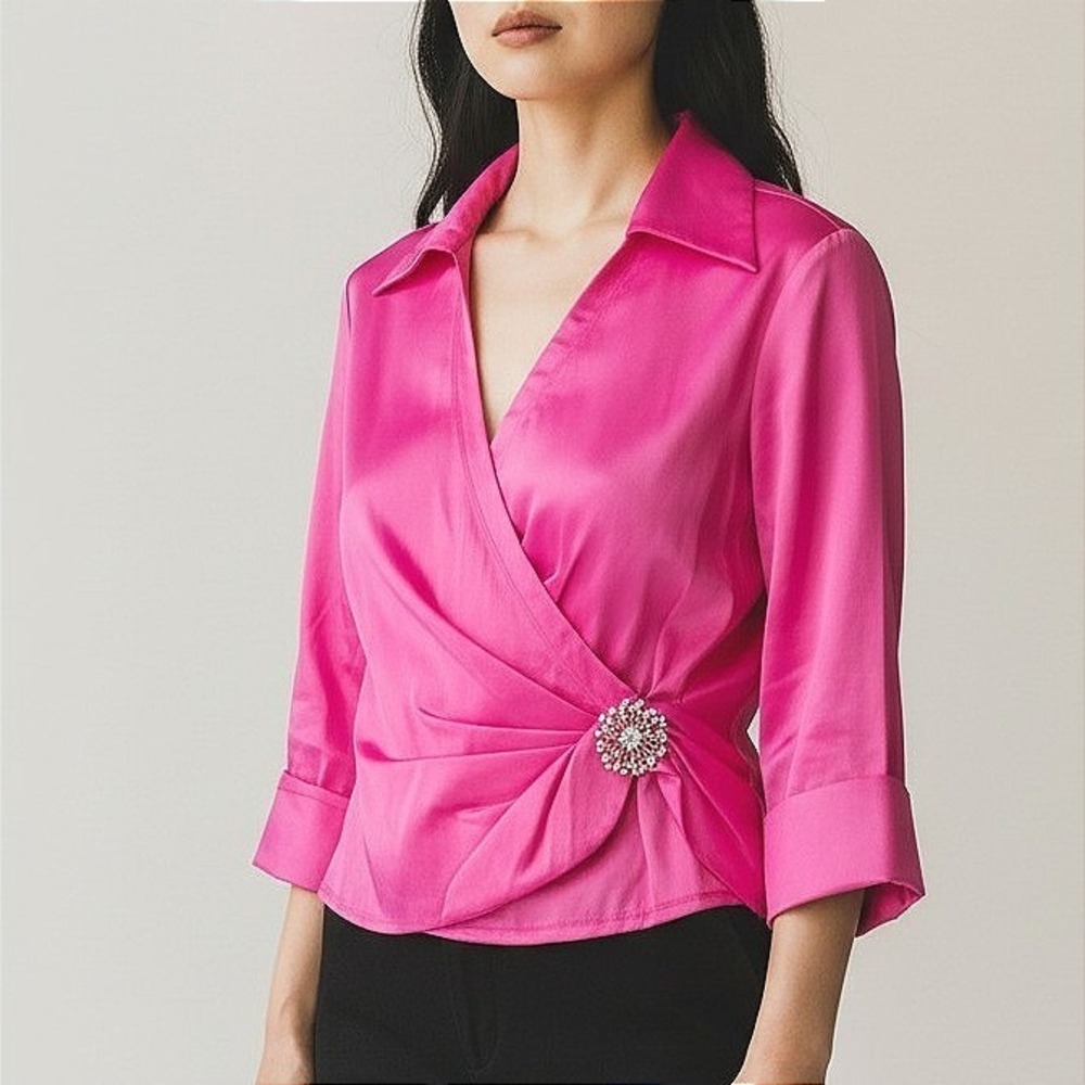 Vintage U3 Collection Hot Pink Satin Wrap Blouse Rhinestone Brooch 3/4 Sleeve 14